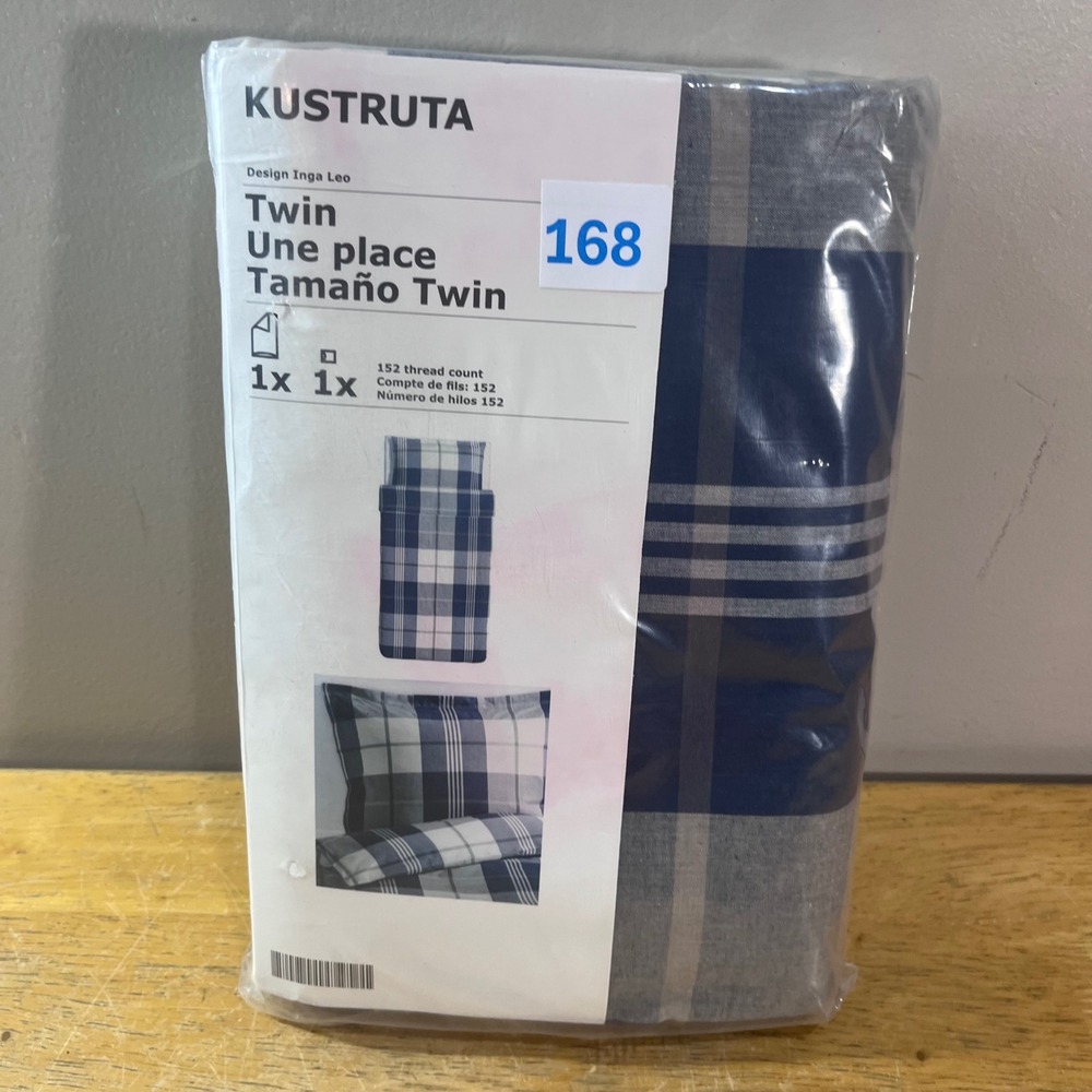 IKEA Kustruta Duvet Cover Set Twin Blue Gray Plaid Cotton Inga Leo 2pc Bedding